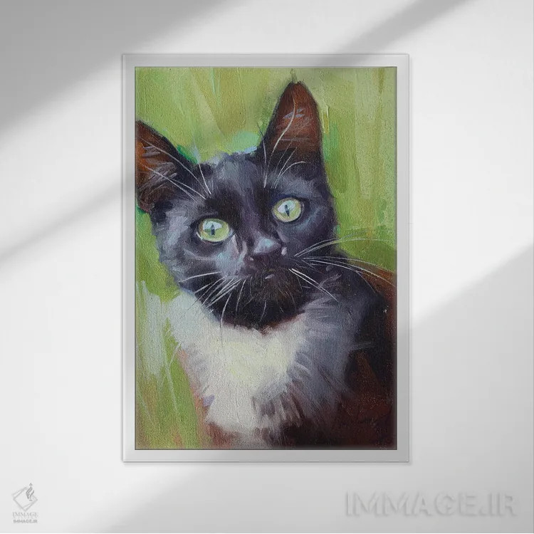 تابلو گربهٔ سیاه با گردن سفید اثر الکس مووچون - نمای قابدار سفید