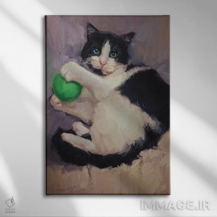 تابلو نقاشی گربه با توپ اثر الکس مووچون - نمای روبهرو روی دیوار