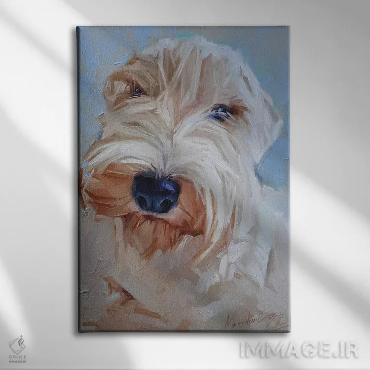 تابلو پرترهٔ سگ سفید اثر الکس مووچون - نمای روبهرو روی دیوار