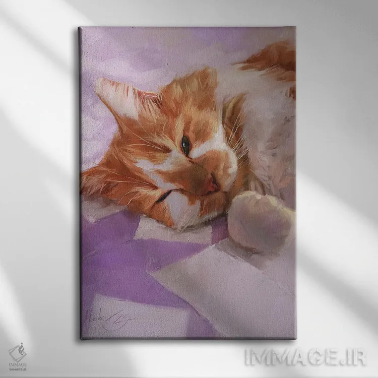 تابلو گربهٔ خوابآلود، گربهٔ سفید و قرمز اثر الکس مووچون - نمای روبهرو روی دیوار