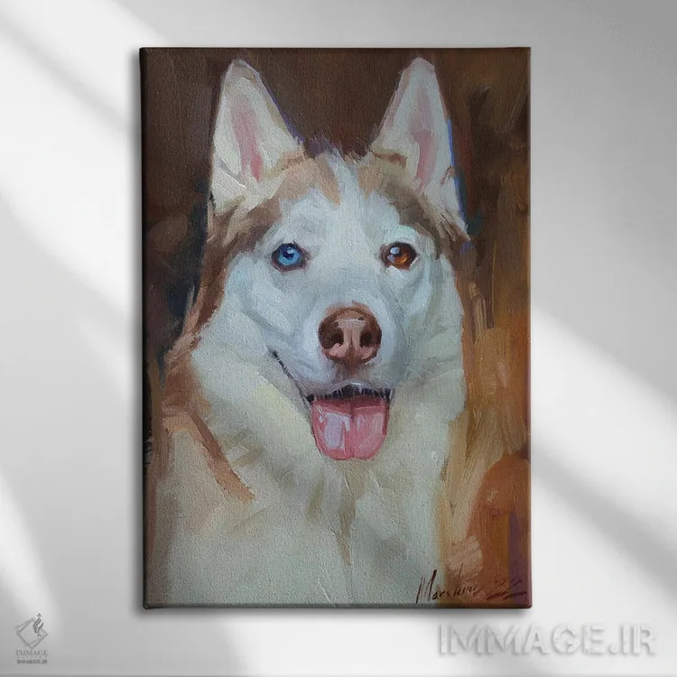 تابلو پرترهٔ هاسکی (سگ) اثر الکس مووچون - نمای روبهرو روی دیوار