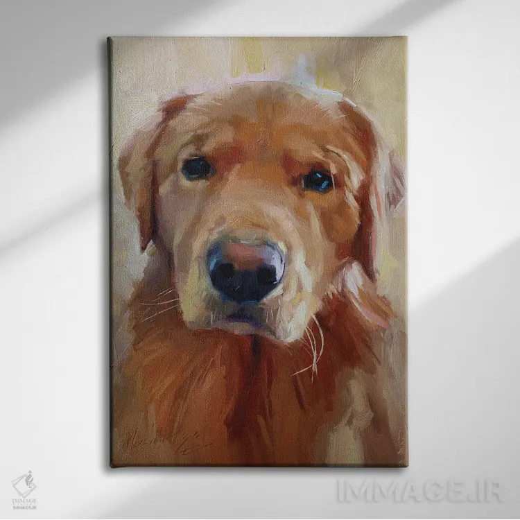 تابلو پرتـرهٔ سگ لابرادور زرد اثر الکس مووچون - نمای روبهرو روی دیوار