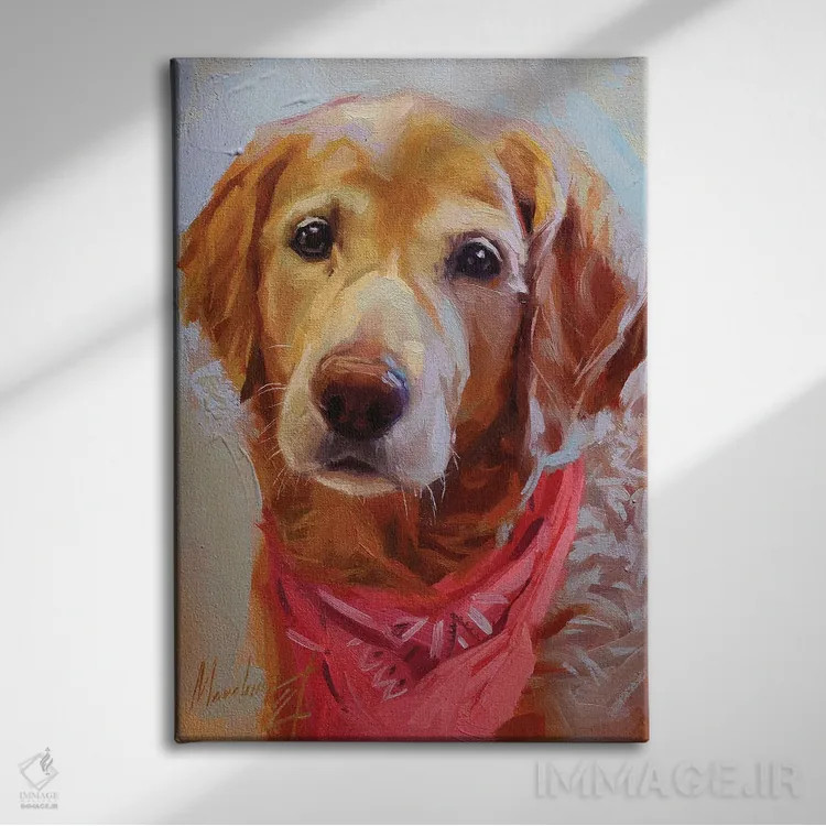 تابلو لابرادور زرد با دستمال گردن صورتی اثر الکس مووچون - نمای روبهرو روی دیوار