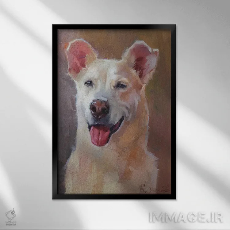 تابلو اثر هنری سگ سفید شاد اثر الکس مووچون - نمای قابدار مشکی