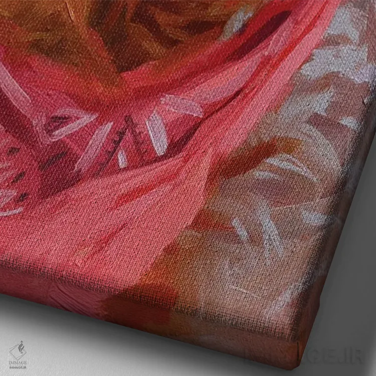 تابلو لابرادور زرد با دستمال گردن صورتی اثر الکس مووچون - نمای نزدیک بافت بوم