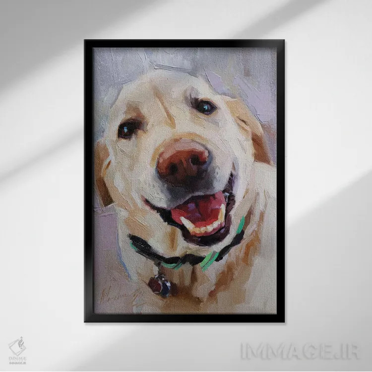 تابلو سگ سفید شاد اثر الکس مووچون - نمای قابدار مشکی