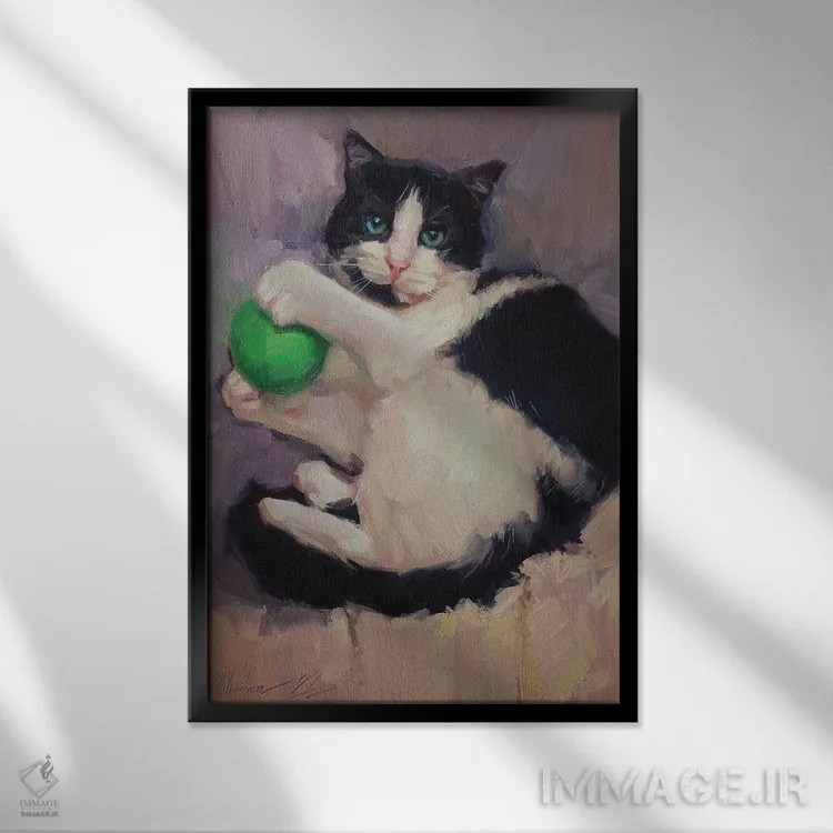 تابلو نقاشی گربه با توپ اثر الکس مووچون - نمای قابدار مشکی