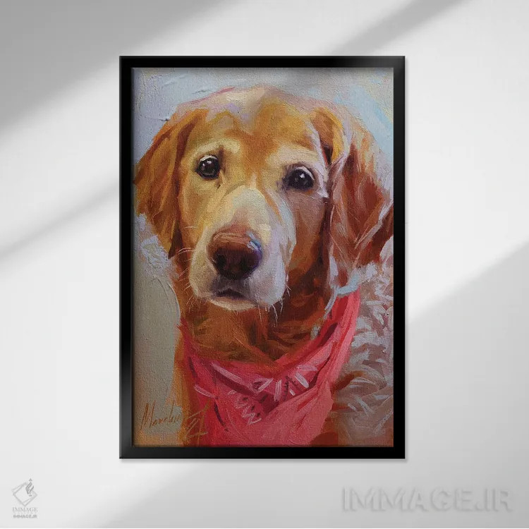 تابلو لابرادور زرد با دستمال گردن صورتی اثر الکس مووچون - نمای قابدار مشکی