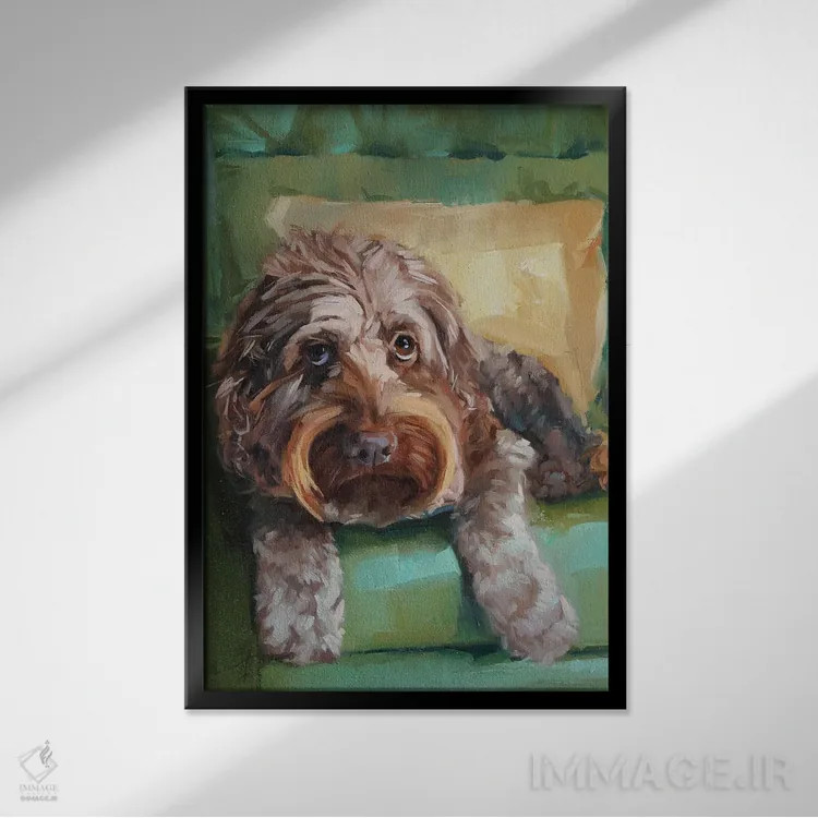 تابلو سگ پشمالو اثر الکس مووچون - نمای قابدار مشکی