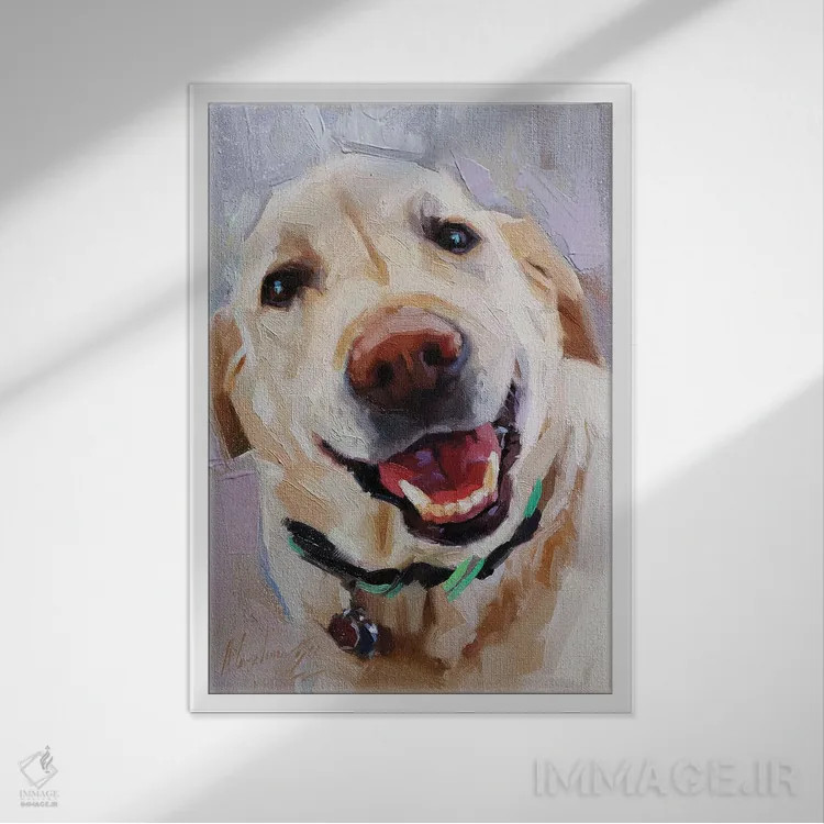 تابلو سگ سفید شاد اثر الکس مووچون - نمای قابدار سفید