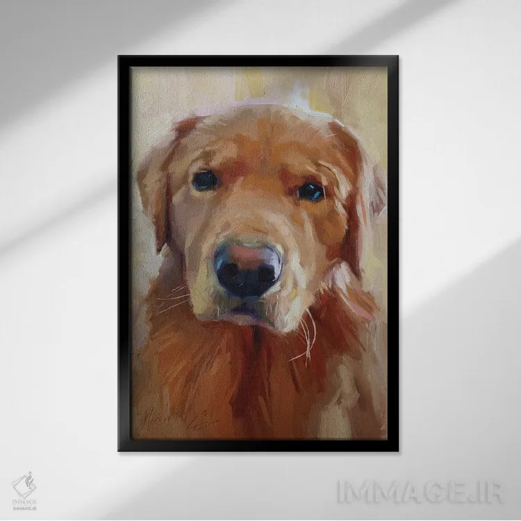 تابلو پرتـرهٔ سگ لابرادور زرد اثر الکس مووچون - نمای قابدار مشکی