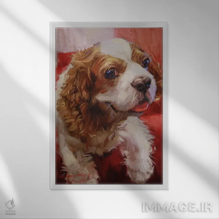 تابلو اسپانیل در رنگ قرمز اثر الکس مووچون - نمای قابدار سفید