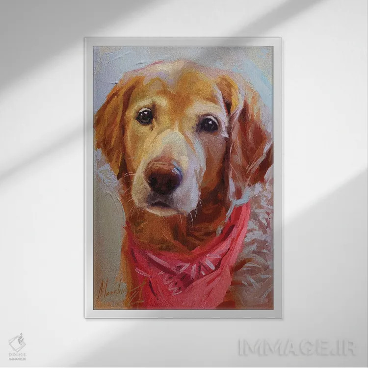 تابلو لابرادور زرد با دستمال گردن صورتی اثر الکس مووچون - نمای قابدار سفید