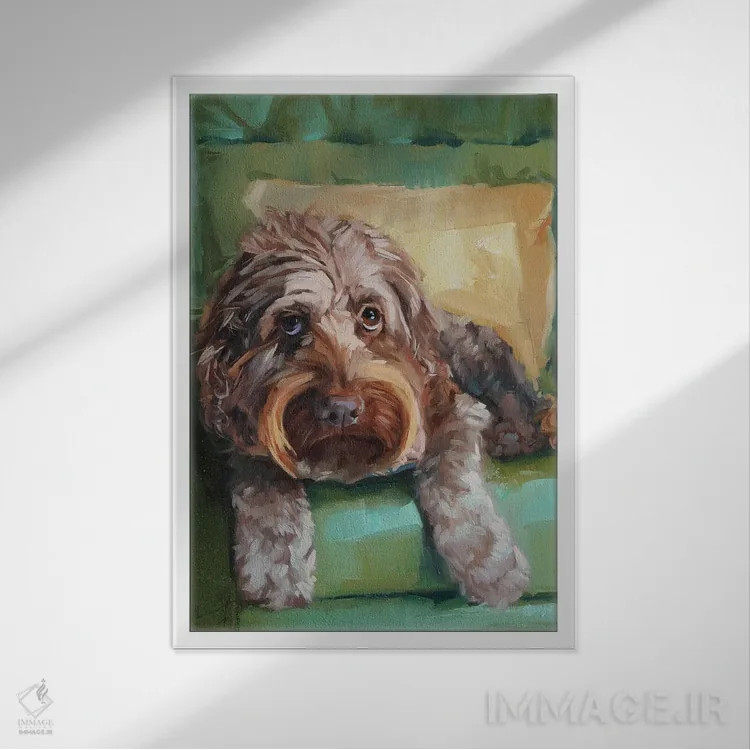 تابلو سگ پشمالو اثر الکس مووچون - نمای قابدار سفید