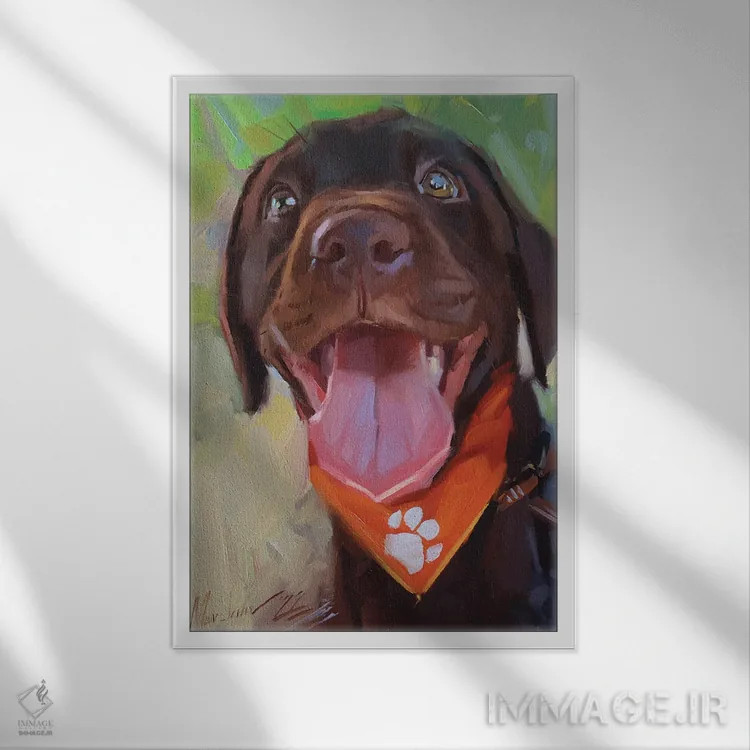 تابلو پرترهٔ لابرادور شکلاتی اثر الکس مووچون - نمای قابدار سفید