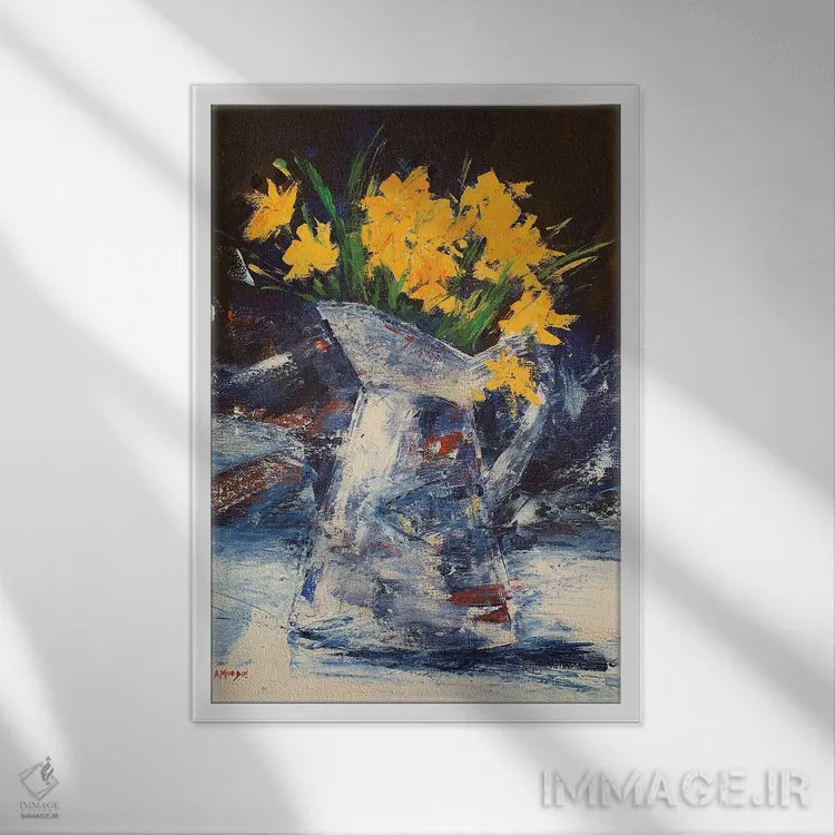 تابلو سطل نرگسهای زرد اثر اندرو مودی - نمای قابدار سفید