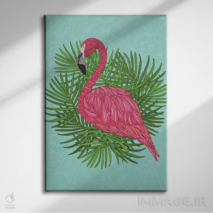 تابلو فلامینگوی صورتی گرمسیری اثر آنجلیکا پارکر - نمای روبهرو روی دیوار