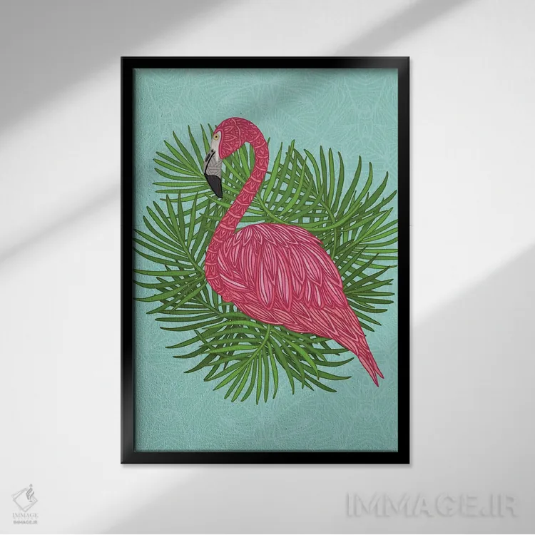 تابلو فلامینگوی صورتی گرمسیری اثر آنجلیکا پارکر - نمای قابدار مشکی