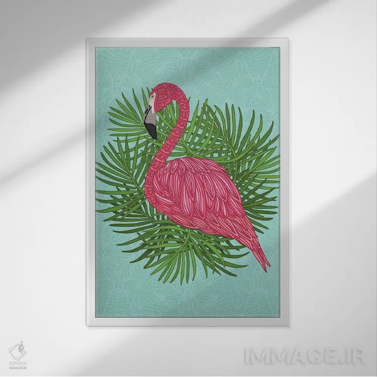 تابلو فلامینگوی صورتی گرمسیری اثر آنجلیکا پارکر - نمای قابدار سفید