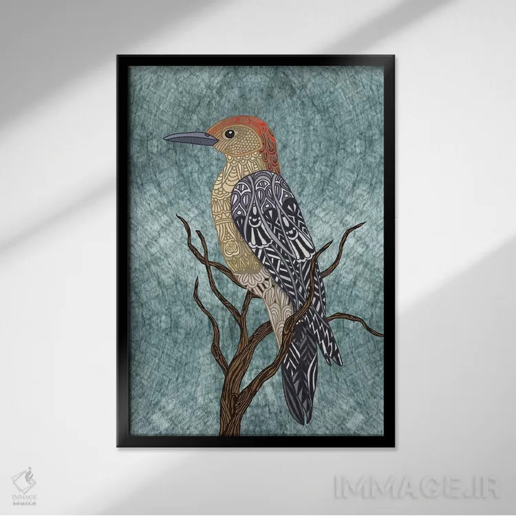 تابلو پرندهٔ دارکوب اثر آنجلیکا پارکر - نمای قابدار مشکی