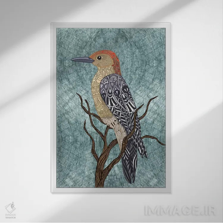 تابلو پرندهٔ دارکوب اثر آنجلیکا پارکر - نمای قابدار سفید