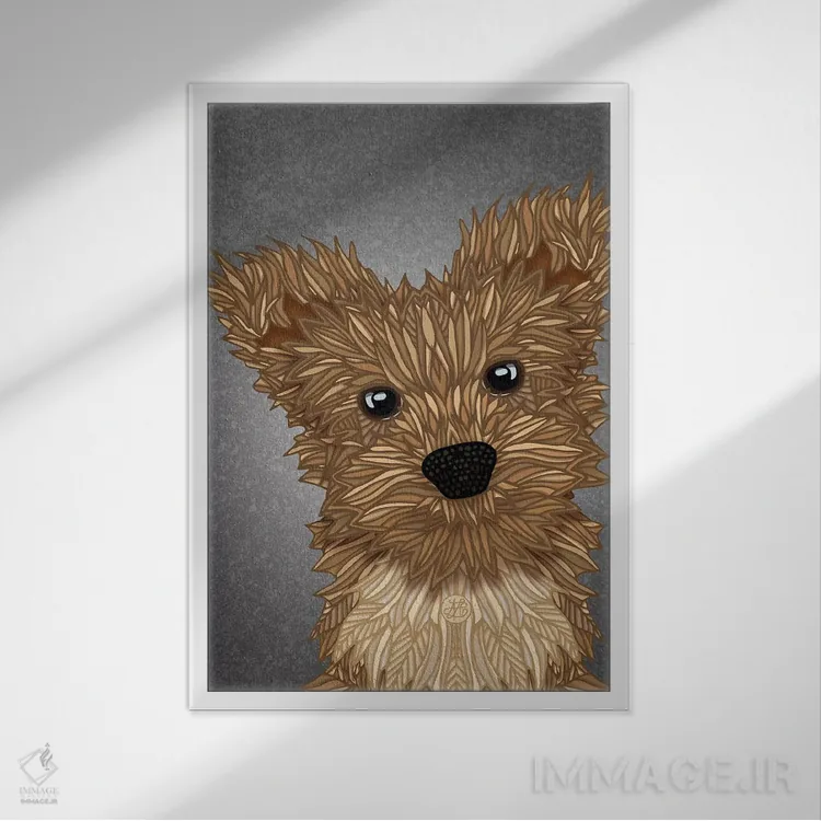 تابلو یورکی پو (سگ ترکیبی یورکشایر تریر و پودل) اثر آنجلیکا پارکر - نمای قابدار سفید