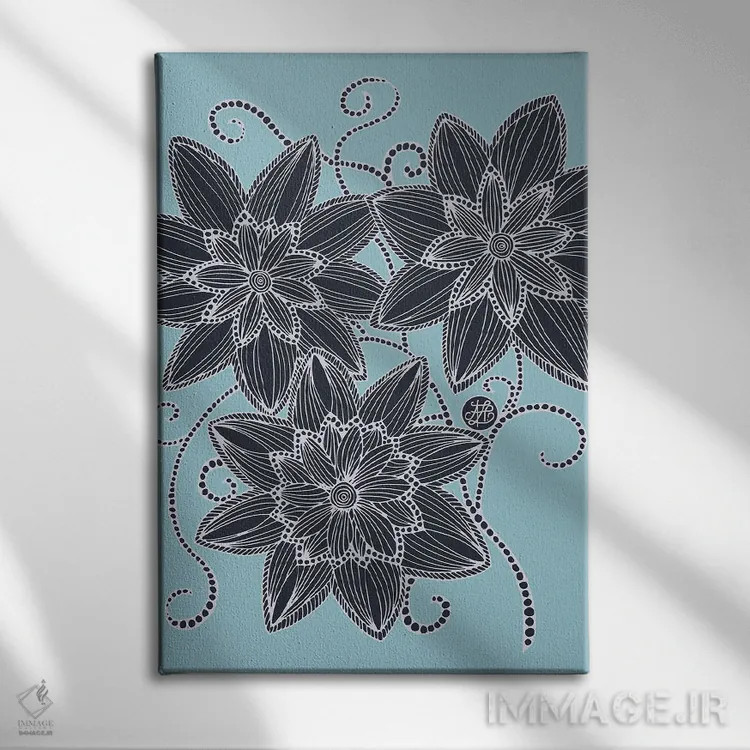 تابلو گلهای آبی اثر آنجلیکا پارکر - نمای روبهرو روی دیوار