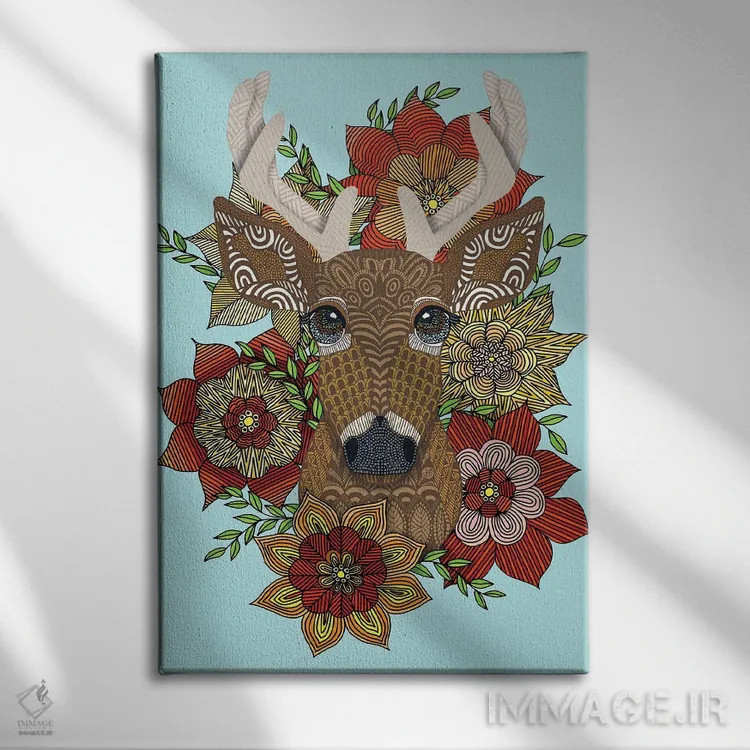 تابلو گوزن گلدار اثر آنجلیکا پارکر - نمای روبهرو روی دیوار