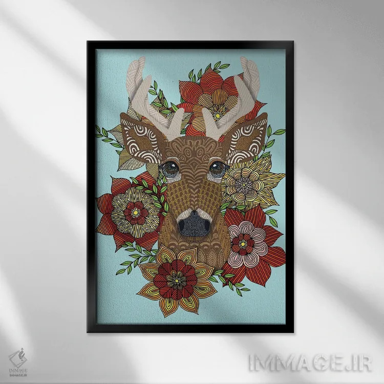 تابلو گوزن گلدار اثر آنجلیکا پارکر - نمای قابدار مشکی