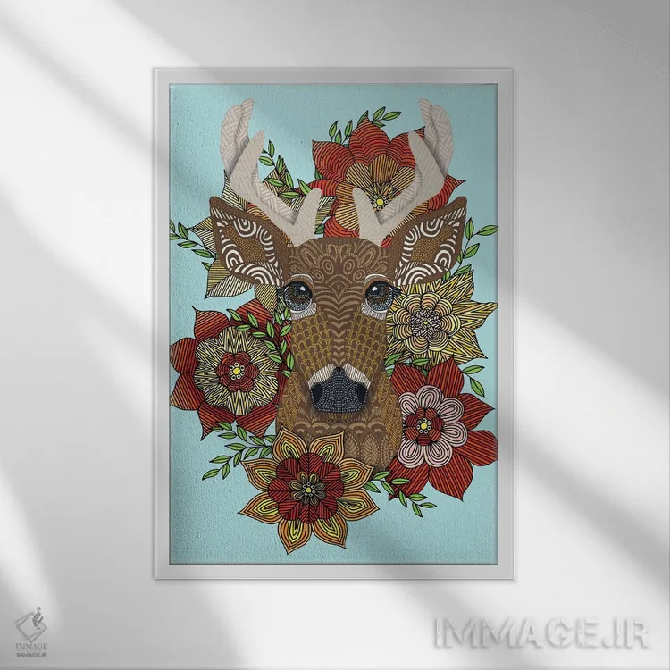 تابلو گوزن گلدار اثر آنجلیکا پارکر - نمای قابدار سفید