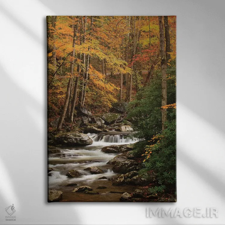 تابلو Tennesse. Fall foliage along a stream in the Smoky Mountains.,آمریکا، تنسی. برگهای پاییزی در امتداد رودخانهای در کوههای اسموکی اثر جوآن ولز - نمای روبهرو روی دیوار