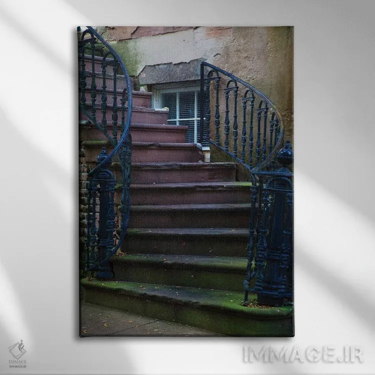 تابلو Georgia, Savannah. Wrought iron railing at home in the Historic District.,آمریکا، جورجیا، ساوانا. نرده آهنی پیچخورده در خانهای از منطقه تاریخی اثر جوآن ولز - نمای روبهرو روی دیوار