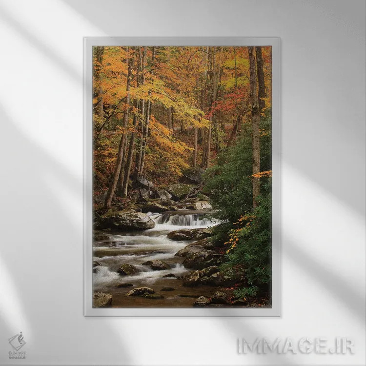 تابلو Tennesse. Fall foliage along a stream in the Smoky Mountains.,آمریکا، تنسی. برگهای پاییزی در امتداد رودخانهای در کوههای اسموکی اثر جوآن ولز - نمای قابدار سفید