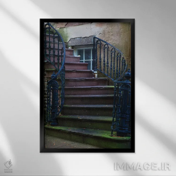 تابلو Georgia, Savannah. Wrought iron railing at home in the Historic District.,آمریکا، جورجیا، ساوانا. نرده آهنی پیچخورده در خانهای از منطقه تاریخی اثر جوآن ولز - نمای قابدار مشکی