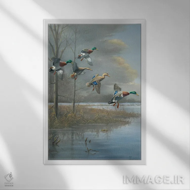 تابلو اردکهای کلهسبز در خط مقدم طوفان اثر اندرسون آرت (گروه هنری) - نمای قابدار سفید