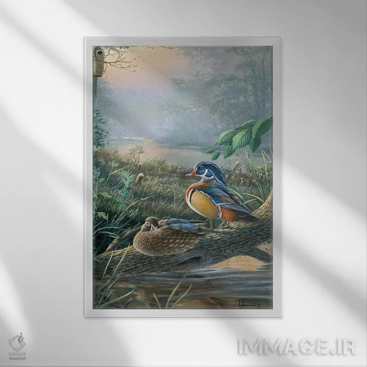 تابلو اردکهای چوبی لانهساز اثر اندرسون آرت (گروه هنری) - نمای قابدار سفید