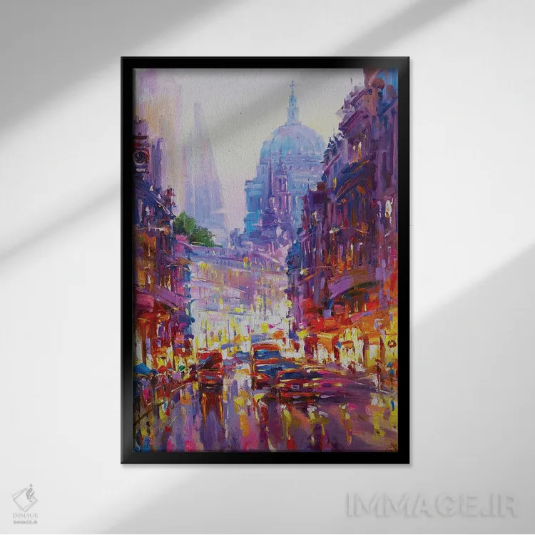 تابلو چراغهای شهر در شب (لندن) اثر آندره اوستاپچوک - نمای قابدار مشکی