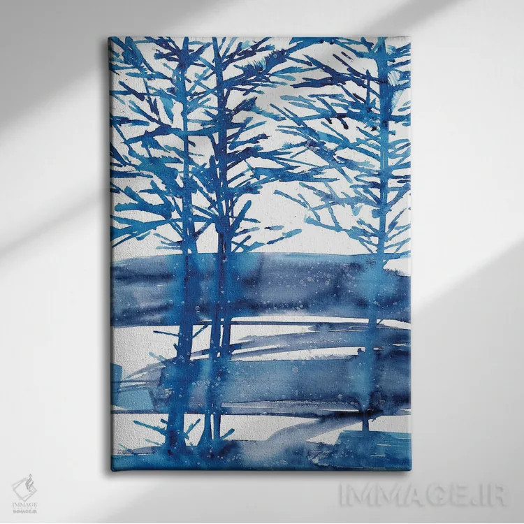 تابلو درختان آبی روشن، منظرهٔ آبرنگ اثر آنا اوز - نمای روبهرو روی دیوار