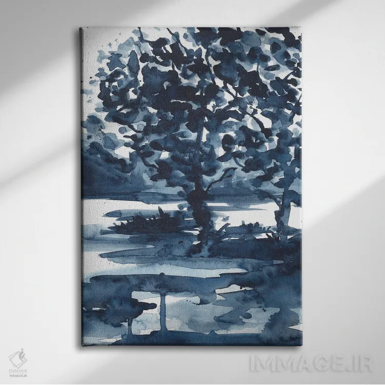 تابلو درخت انتزاعی آبی تیره (آبرنگ) اثر آنا اوز - نمای روبهرو روی دیوار