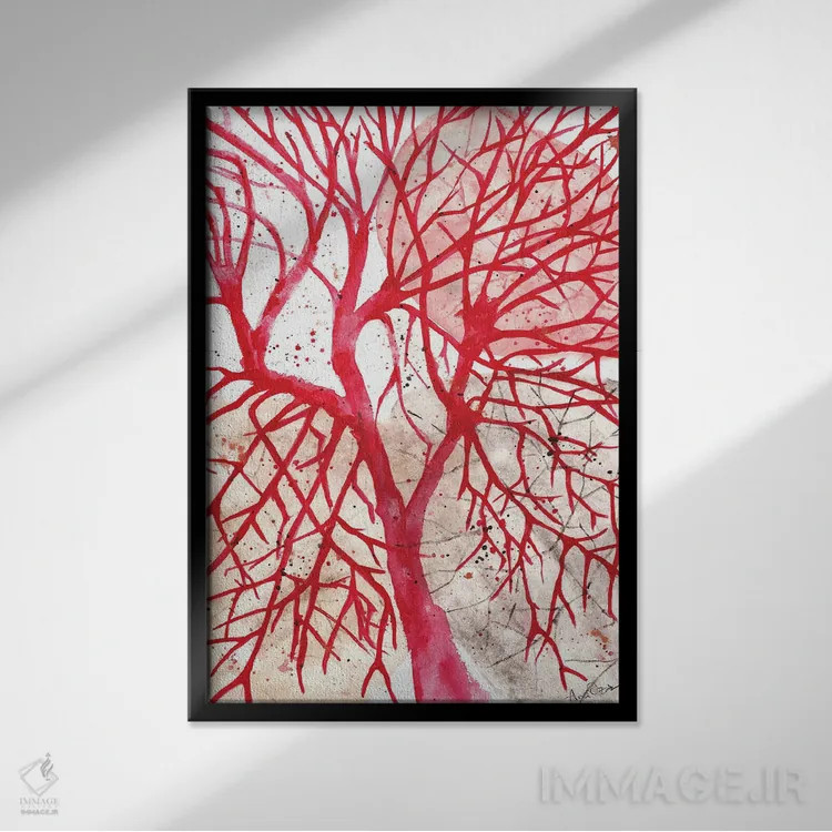 تابلو درخت ارغوانی و قرمز (آبرنگ) اثر آنا اوز - نمای قابدار مشکی
