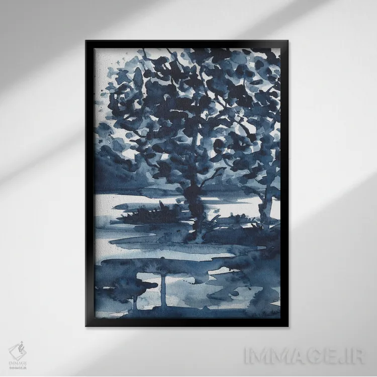 تابلو درخت انتزاعی آبی تیره (آبرنگ) اثر آنا اوز - نمای قابدار مشکی