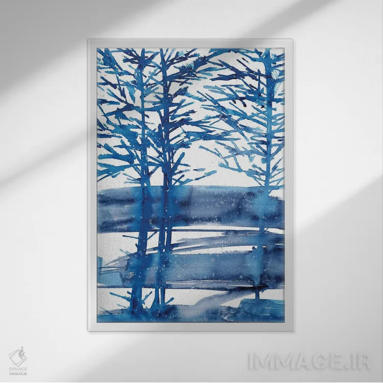 تابلو درختان آبی روشن، منظرهٔ آبرنگ اثر آنا اوز - نمای قابدار سفید