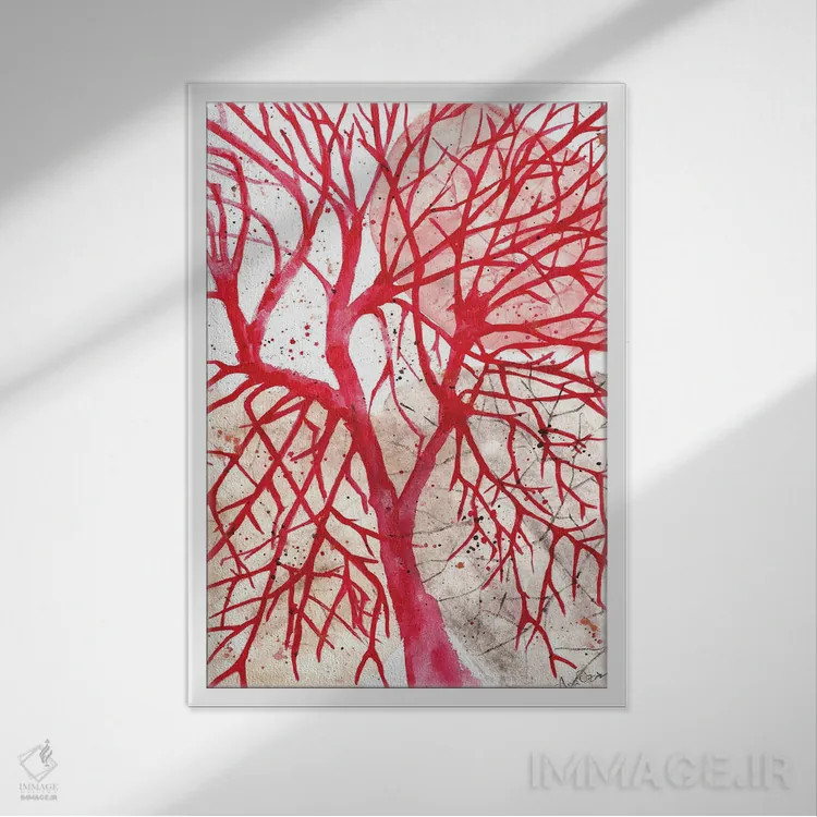 تابلو درخت ارغوانی و قرمز (آبرنگ) اثر آنا اوز - نمای قابدار سفید