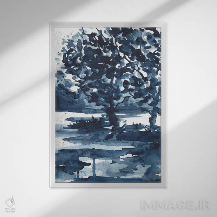 تابلو درخت انتزاعی آبی تیره (آبرنگ) اثر آنا اوز - نمای قابدار سفید