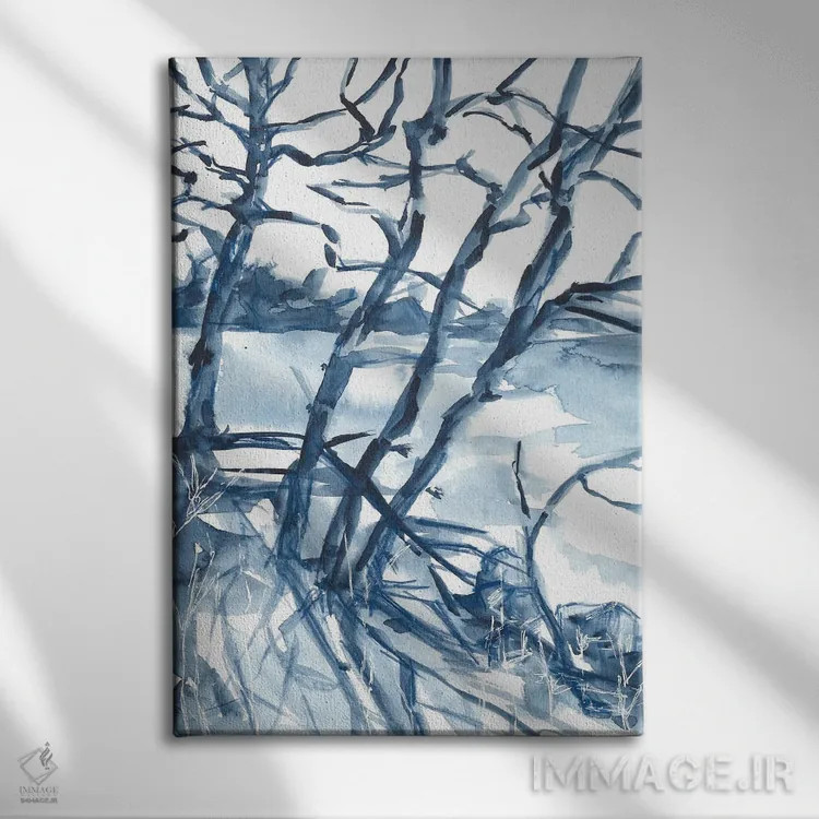 تابلو منظرهٔ زمستانی آبی، درختان اثر آنا اوز - نمای روبهرو روی دیوار