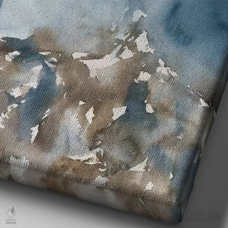 تابلو کوهها با آبرنگ، منظرهٔ آبی اثر آنا اوز - نمای نزدیک بافت بوم