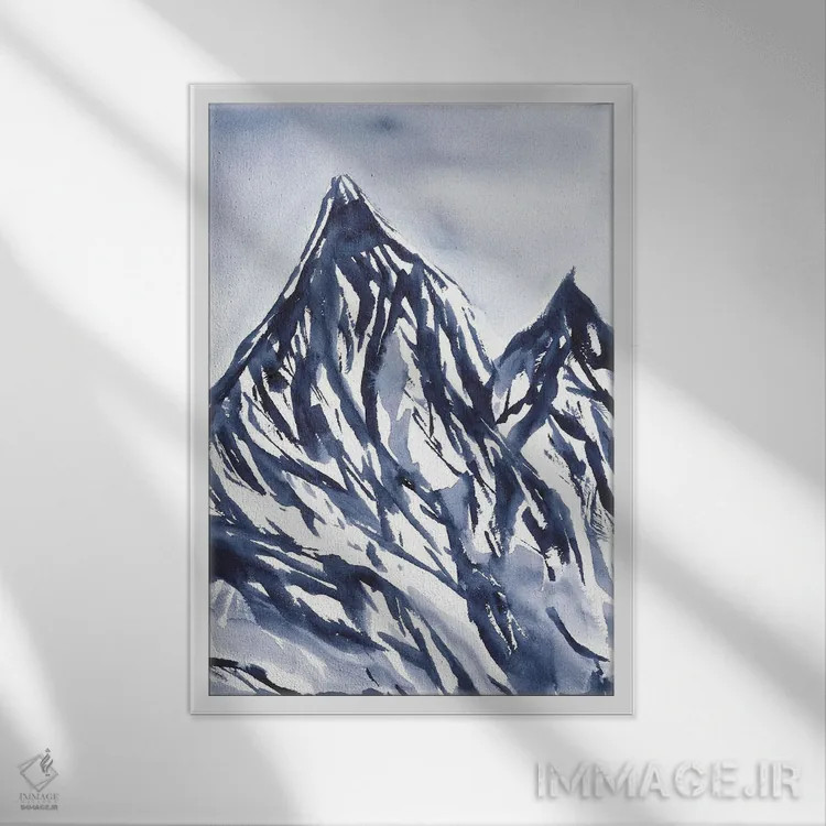 تابلو کوههای آبی در برف (منظرهٔ آبرنگ) اثر آنا اوز - نمای قابدار سفید