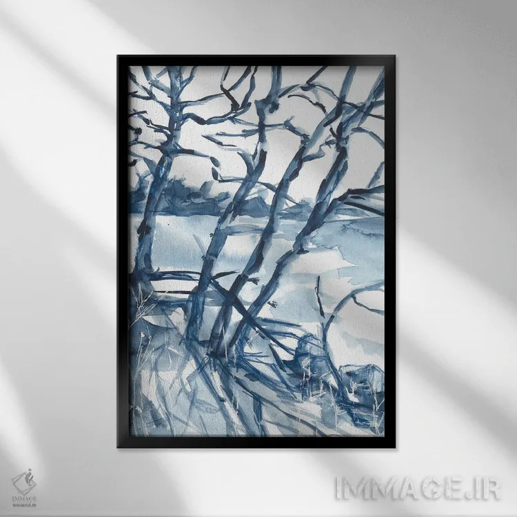 تابلو منظرهٔ زمستانی آبی، درختان اثر آنا اوز - نمای قابدار مشکی
