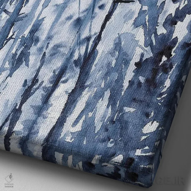 تابلو درختان مرموز آبی، منظرهٔ آبرنگ اثر آنا اوز - نمای نزدیک بافت بوم