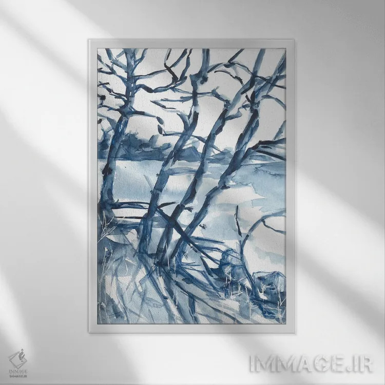 تابلو منظرهٔ زمستانی آبی، درختان اثر آنا اوز - نمای قابدار سفید